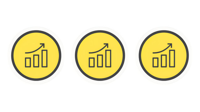 Set of three yellow circular business chart icons with growth arrows, business