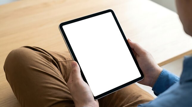 Person holding modern digital tablet with blank white screen mockup. Technology concept for device app ads.