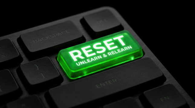 Workforce automation skills gap on computer keyboard with green reset key for unlearn and relearn concept