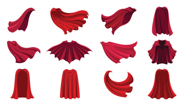 Superhero cape vector illustration set. Red flowing cloaks, vampire mantles, waving drapery, carnival costumes, side view and front view costume elements.
