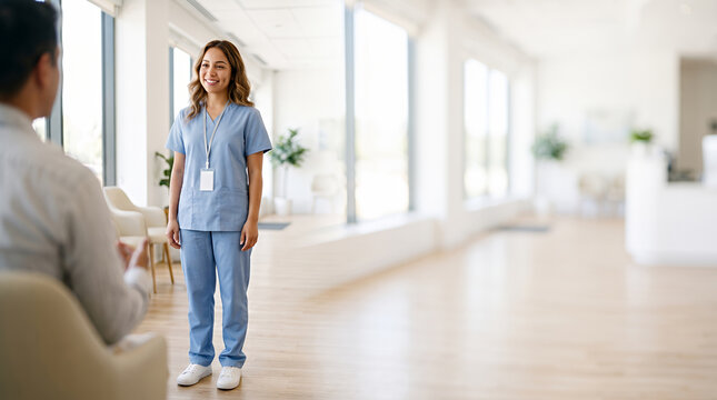 Nurse caring for elderly patient in bright hospital corridor