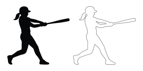 Fototapeta premium Female baseball player swinging bat vector set silhouette and line art outline icon for softball batter sports activity & tournament competition