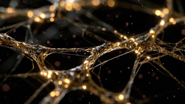 Abstract network of glowing interconnected neurons in a dark background