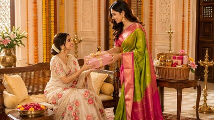 Obraz premium Indian Women Exchanging Gifts & Sweets Box - Diwali Festival Celebration Stock Photo