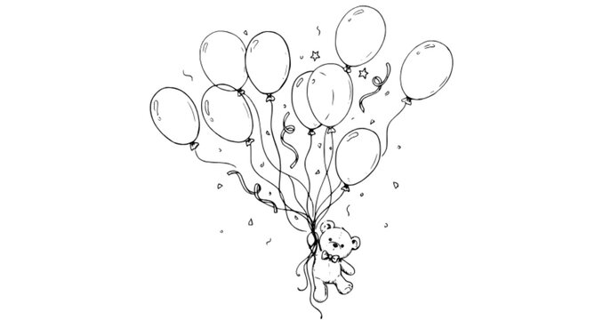 Bunch of balloons with cute teddy bear, hand drawn nursery doodle illustration. Festive baby welcome decoration featuring floating balloons, balloon strings, small teddy bear and simple celebration el