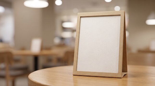Empty cardboard table tent menu holder standing on a wooden cafe table