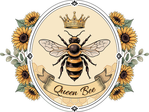 Vintage queen bee label illustration with sunflower wreath and golden crown