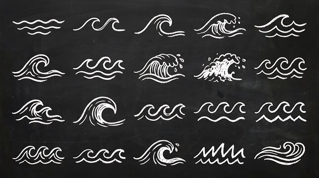 Ocean waves chalk drawing set on blackboard with blackboard abstract background