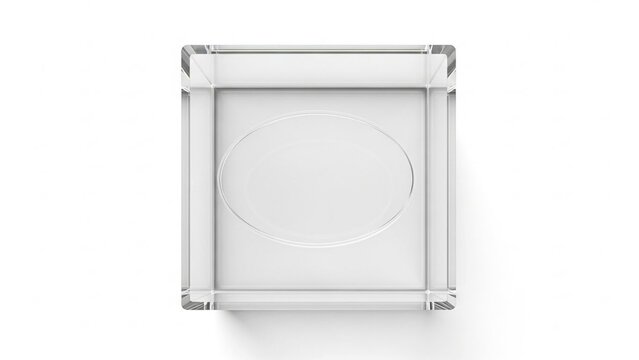 Clear glass cube with oval indentation on white background
