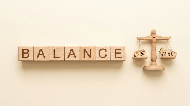 Wooden blocks spelling balance next to a scale weighing money against a house and heart representing work life balance, family priorities, and financial harmony.