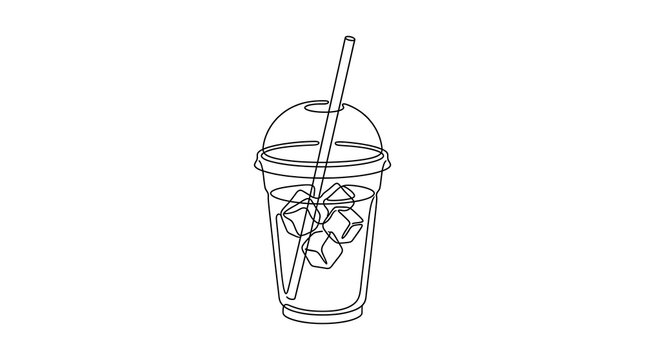 Minimalist one line drawing of a refreshing iced beverage in a plastic cup with a straw, beverage
