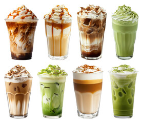 PNG Assorted iced coffee and matcha beverages on transparent background