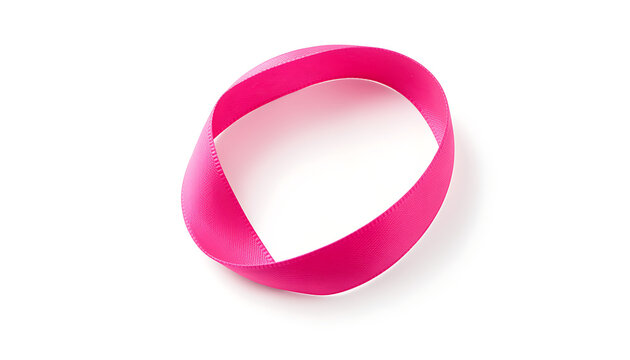 Bright magenta pink ribbon formed into a circular loop against a stark white backdrop
