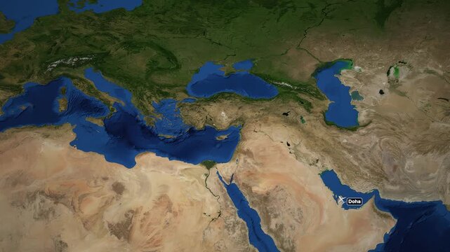 Animated Satellite Map Showing Flight Path Between Doha and Munich