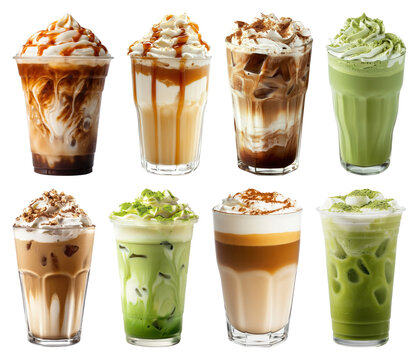 PNG Assorted iced coffee and matcha beverages on transparent background