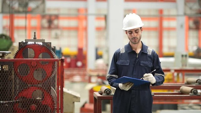 Maintenance technician checking industrial machine components before production. Manufacturing efficiency, equipment inspection, factory engineering and quality assurance.