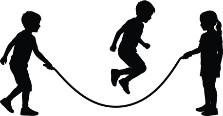 Black vector silhouettes of three active children playing jump rope together isolated on white background © MstSabina