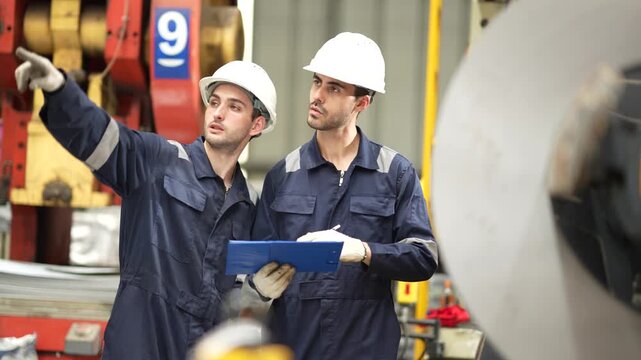 Factory technicians discussing equipment inspection with production checklist inside manufacturing plant. Preventive maintenance, quality assurance and engineering collaboration.