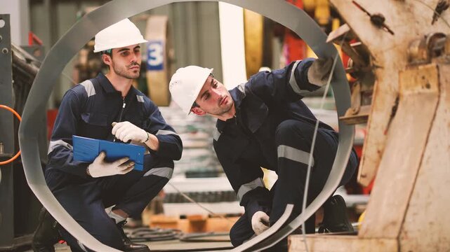 Industrial technicians inspecting metal strip production equipment inside manufacturing factory. Machine inspection, quality control, preventive maintenance and engineering teamwork.