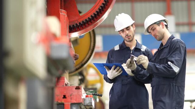 Industrial maintenance team inspecting production equipment in metal sheet factory. Manufacturing operations, machine inspection, quality assurance and preventive maintenance.