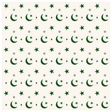 Vector Illustration of Islamic Crescent Moon and Star Seamless Pattern in Green Repeat Background for Pakistan Independence Day
