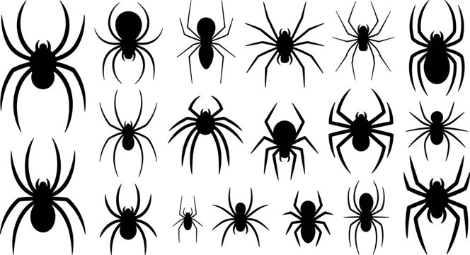 Black spider silhouettes vector set with creepy arachnids for Halloween decoration isolated on white background