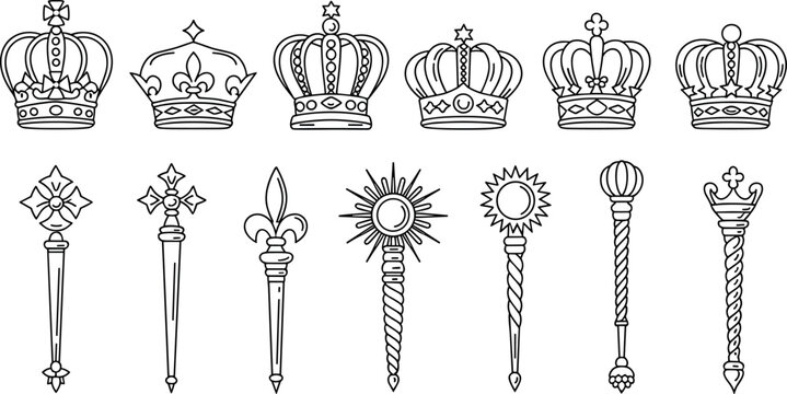 Royal crowns and scepters vector set in line art style featuring king queen tiara royal wand isolated on white background