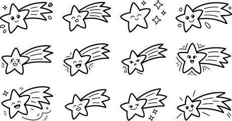 Cute shooting star mascot character vector set with various facial expressions isolated on white background for kids design © Rashida