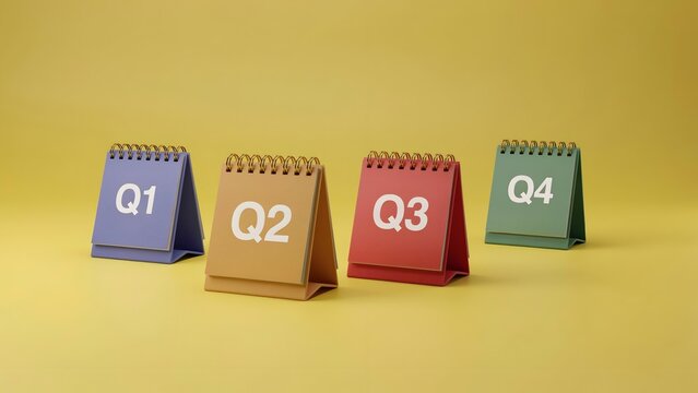 Four desk calendars representing the four quarters of the year q1, q2, q3, and q4 on a yellow background