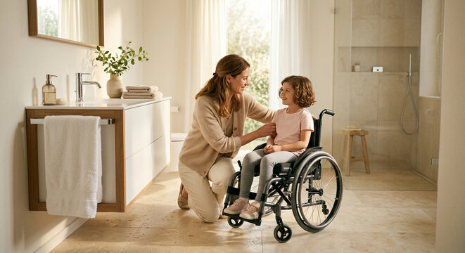 Woman assisting happy disabled child in wheelchair in a bright, modern accessible bathroom, promoting independent living.