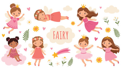 Cute fairy vector illustration set. Little princess characters, flying fairies, magic stars, colorful flowers, pink clouds and fantasy elements. © Mahamuda Studio 