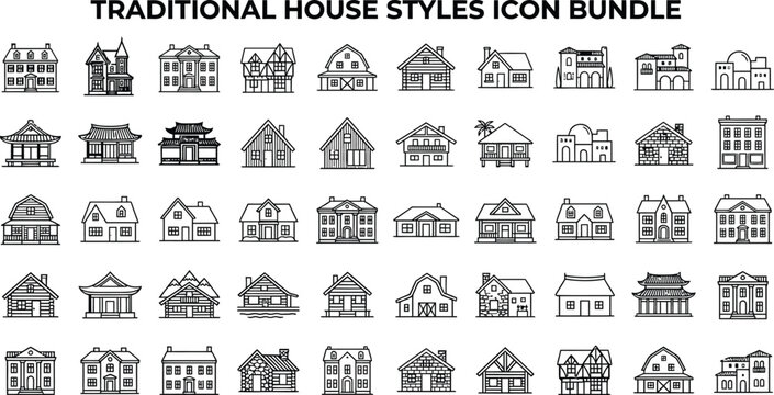 Traditional House Styles Icon Bundle Black Line Art On White Background