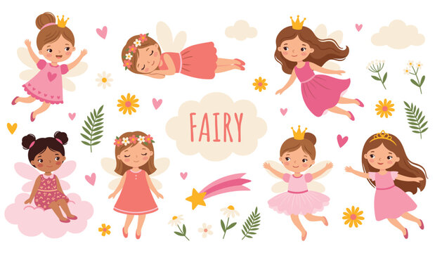 Cute fairy vector illustration set. Little princess characters, flying fairies, magic stars, colorful flowers, pink clouds and fantasy elements.