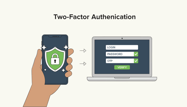 Securing online accounts with two-factor authentication using a smartphone verification app and a laptop interface.