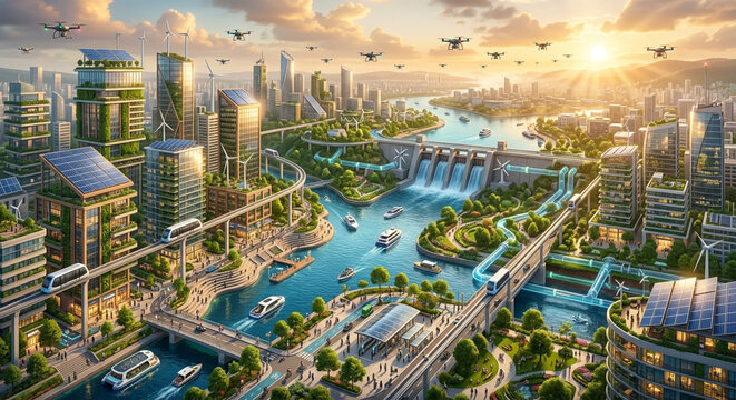 Panoramic view of a futuristic green city with sustainable architecture, river, dam, and flying vehicles at sunrise