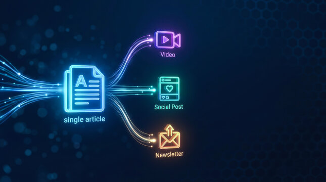 Glowing digital diagram showing a single article branching into video, social post, and newsletter representing content repurposing and omnichannel marketing strategy.