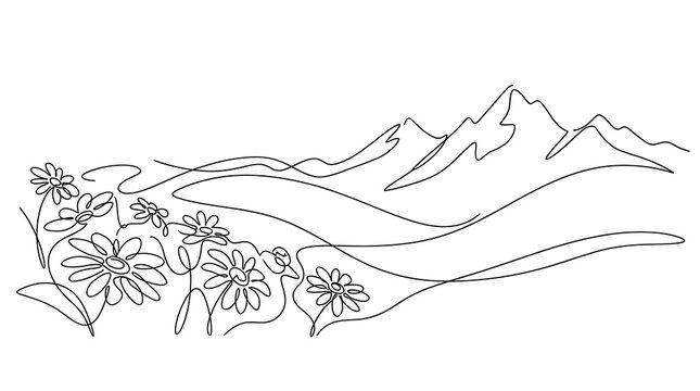 Continuous line art drawing of mountain landscape with flowers mountain landscape continuous
