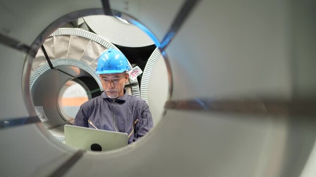 Industrial technician reviewing warehouse inventory records on laptop surrounded by steel coils. Manufacturing efficiency, production management and material inspection.