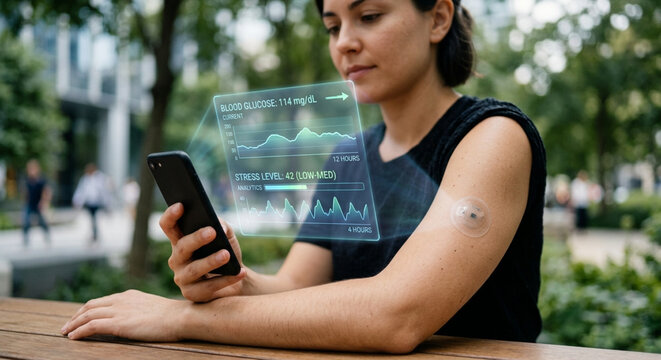 Woman checking her blood glucose levels using a smartphone and a wearable sensor.