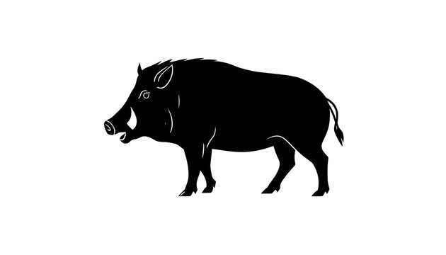 Wild boar silhouette icon. Black graphic of a muscular hog standing on white background.