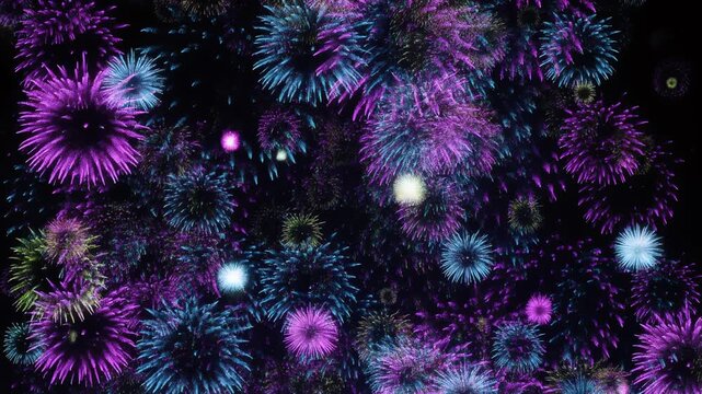 Vibrant Purple and Blue Fireworks Bursting on Black Background
