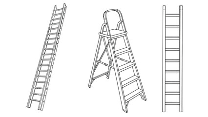 Three different types of ladders in outline vector drawing including a tall extension ladder, a step ladder, and a straight ladder. © hossain