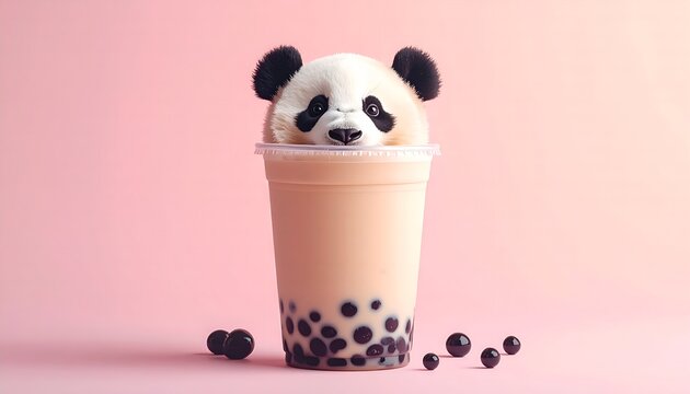 Cute panda cub peeking out from a pearl milk tea cup