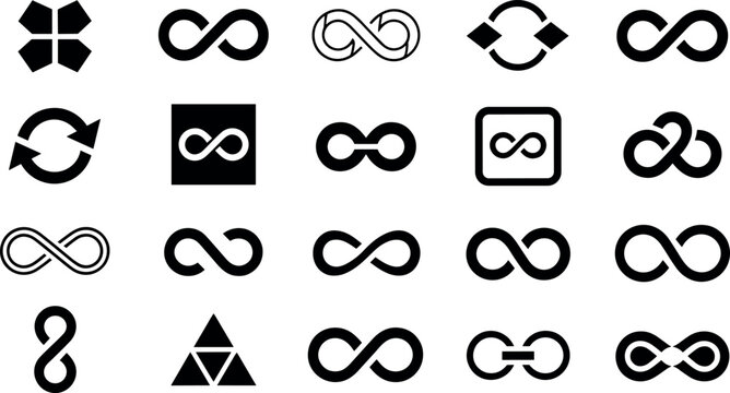 Infinity symbol vector icon collection featuring various endless loop designs and geometric shapes isolated on white background
