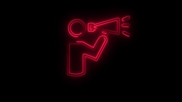 Abstract neon sound icon speaker on black background. Hand mike icon animation. 4k video .