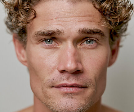 Close-up portrait of a handsome man with curly blond hair and blue eyes, looking directly at the camera. His expression is serious and contemplative, with a hint of a beard and weathered skin