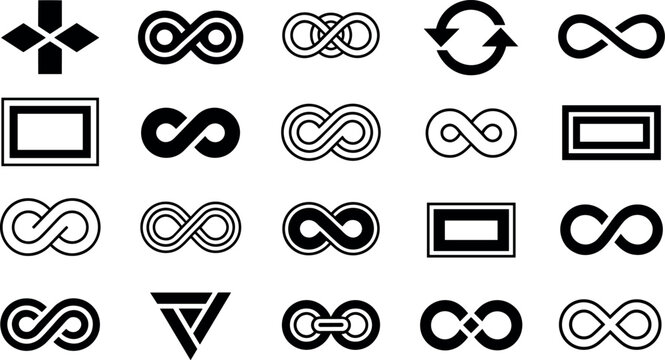 Infinity symbol vector icon collection featuring various endless loop designs and geometric shapes isolated on white background.