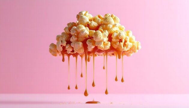 Floating popcorn cloud dripping with caramel sauce