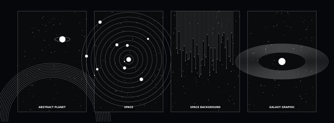 Minimalist space poster collection, abstract planet and galaxy graphic set, 4 vector cosmic backgrounds with solar system orbits and stars