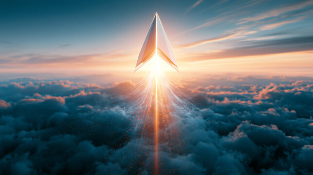 A paper airplane ascends dramatically through clouds at sunset, symbolizing creativity and innovation soaring toward the sky.